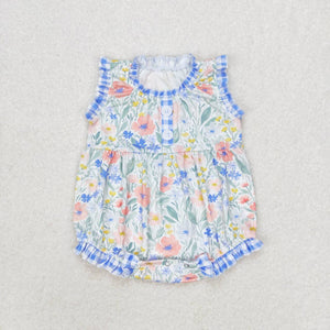 Sleeveless blue plaid floral baby girls romper