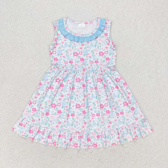 Light blue ruffle sleeveless floral girls summer dress