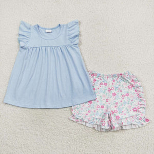 Flutter sleeves tunic light blue floral shorts girls clothing