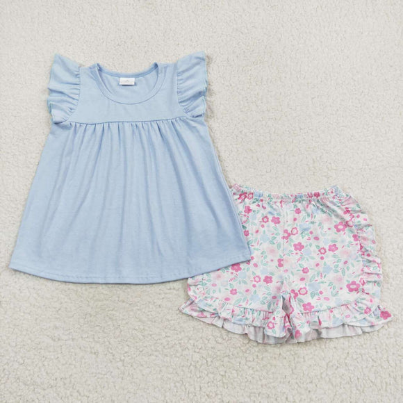 Flutter sleeves tunic light blue floral shorts girls clothing