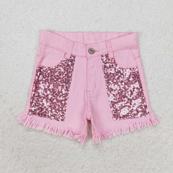 Pink sequin fringe kids girls summer denim shorts