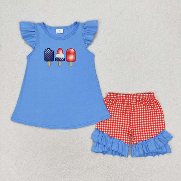 Embroidery Blue popsicle top plaid shorts girls 4th of July clothes