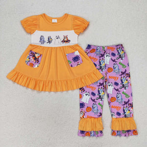 Short sleeves dog pumpkin tunic pants girls Halloween set