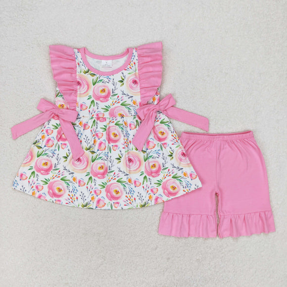 Pink ruffles floral tunic shorts girls spring summer outfits