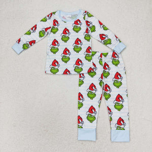 BLP0475 Long sleeves Christmas cartoon blue boy bamboo pajamas