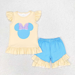 Yellow flutter sleeves mouse top shorts girls clothes