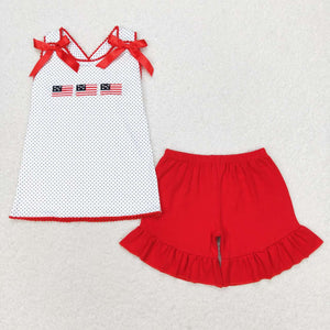 embroidery Flag polka dots top shorts girls 4th of july clothes