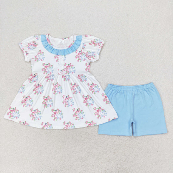 Short sleeves bird floral tunic shorts girls clothes