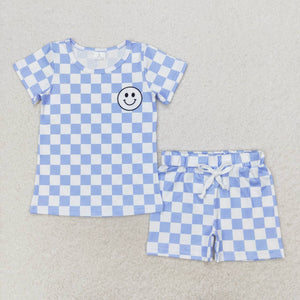 Blue plaid smile top shorts toddler boys clothes