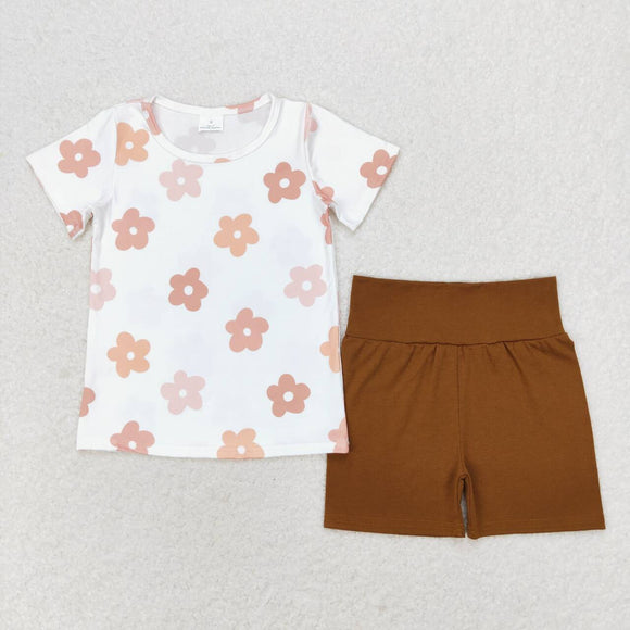 Short sleeves floral top brown shorts girls summer clothes