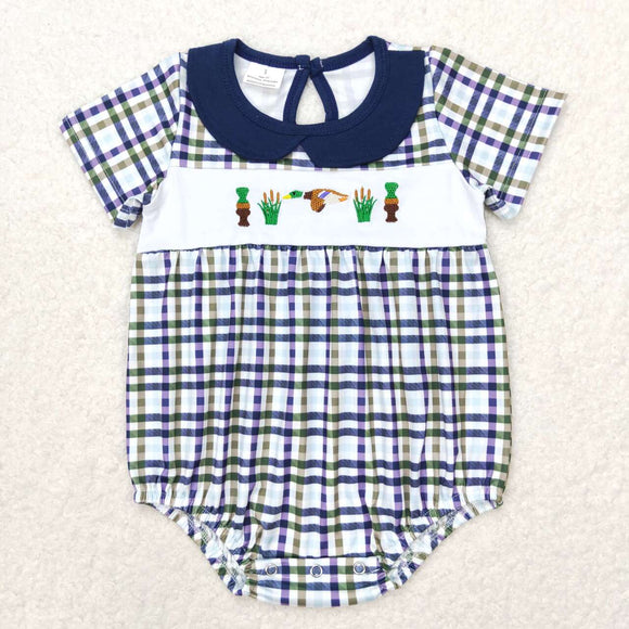 Embroidery Plaid duck call baby kids summer romper