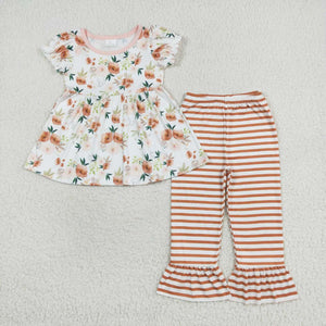 Short sleeves floral tunic stripe pants girls clothing set