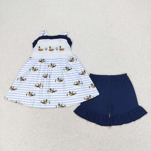 embroidery Duck stripe tunic navy shorts girls summer outfits