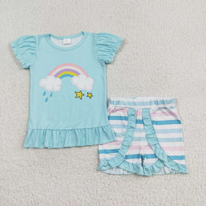 Short sleeves rainbow top stripe shorts girls summer clothes