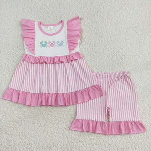 Flutter sleeves crab pink stripe girls summer clothes