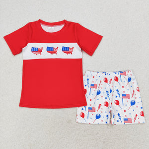 Red top balloon flag shorts boys 4th of july clothes