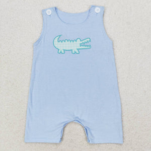 Sleeveless light blue embroidery crocodile baby boy romper