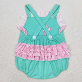 Embroidery Pink plaid floral golf baby girls ruffle romper