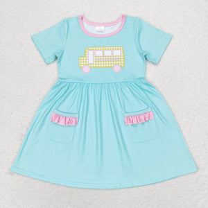 GSD1341 short sleeves back to school bus  green girls dress