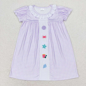 Short sleeves embroidery plaid crab shell baby girls summer dress