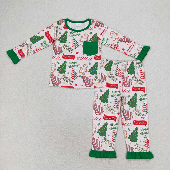 GLP1229 Long sleeves Christmas cake green girls pajamas