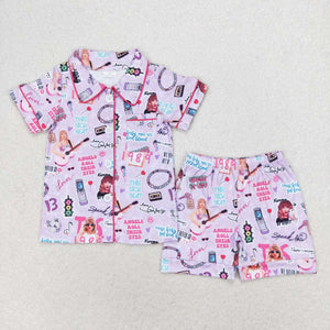GSSO1449--Short sleeves lavender singer girls button down pajamas