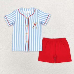 Embroidery Short sleeves stripe baseball kids boys clothing set