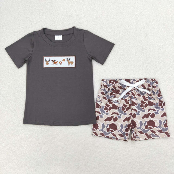 embroidery Deer dog top camo shorts kids boys clothing