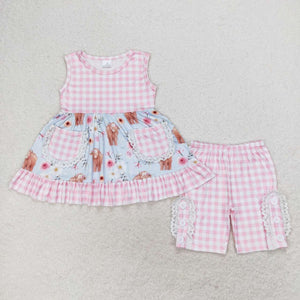 Sleeveless pink plaid highland cow girls summer outfits