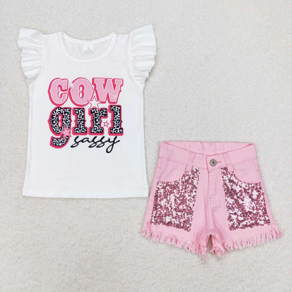 Cowgirl sassy top pink sequin denim shorts kids apparel