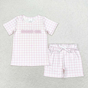 Short sleeves pink plaid embroidery mama's girl kids summer clothes
