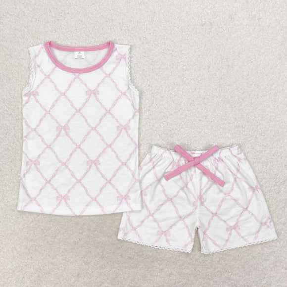 Sleeveless pink bow top shorts bamboo girls summer outfits