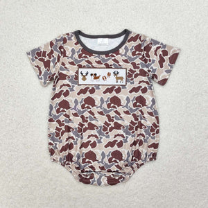 Short sleeves embroidery dog deer camo baby boy romper