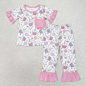 Short sleeves pocket lollipop kids girls pajamas