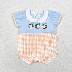 Short sleeves embroidery pumpkin baby girls plaid fall romper