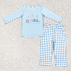 BLP0504  long sleeve Jesus blue plaid boy outfits