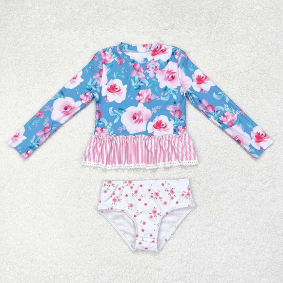 S0168-- pink floral blue swimsuit