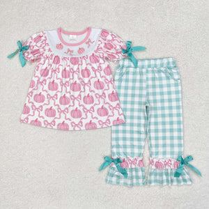 GSPO1627  short sleeves pink pumpkin green plaid girls outfits