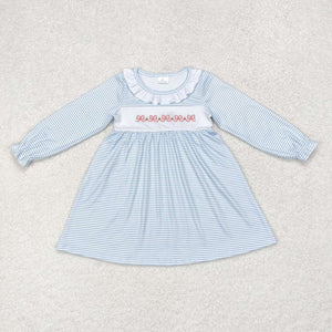 Long sleeves stripe embroidery bow kids girls dresses