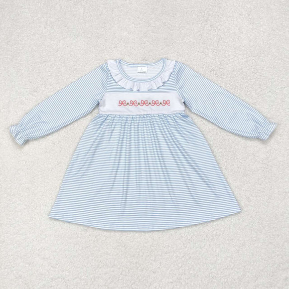 Long sleeves stripe embroidery bow kids girls dresses