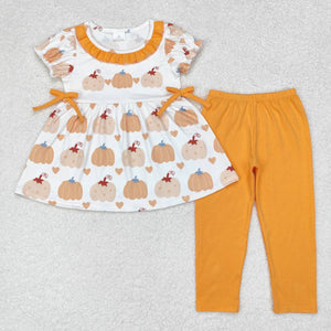 Short sleeves pumpkin heart top leggings girls fall clothes