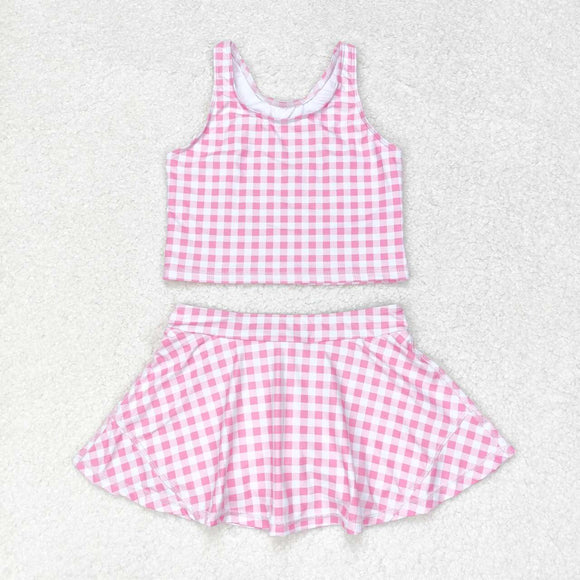 Sleeveless pink plaid top skirt girls summer clothes  swimsuit