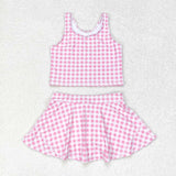 Sleeveless pink plaid top skirt girls summer clothes  swimsuit