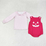 LR1171  embroidery Halloween pink plaid top+ romper outfits