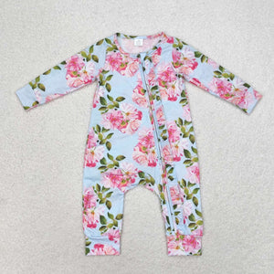 LR0880--long sleeve flower blue baby bamboo sleeper