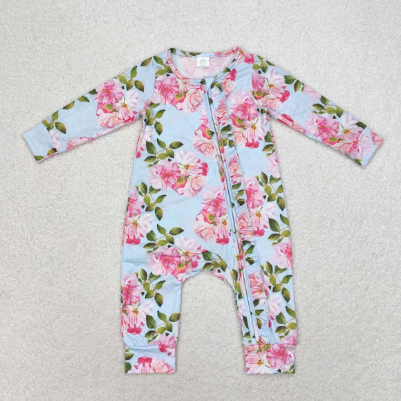 LR0880--long sleeve flower blue baby bamboo sleeper