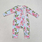 LR0880--long sleeve flower blue baby bamboo sleeper