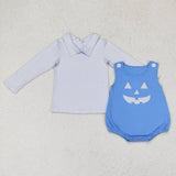 LR1172  Halloween embroidery  blue plaid top+ romper outfits