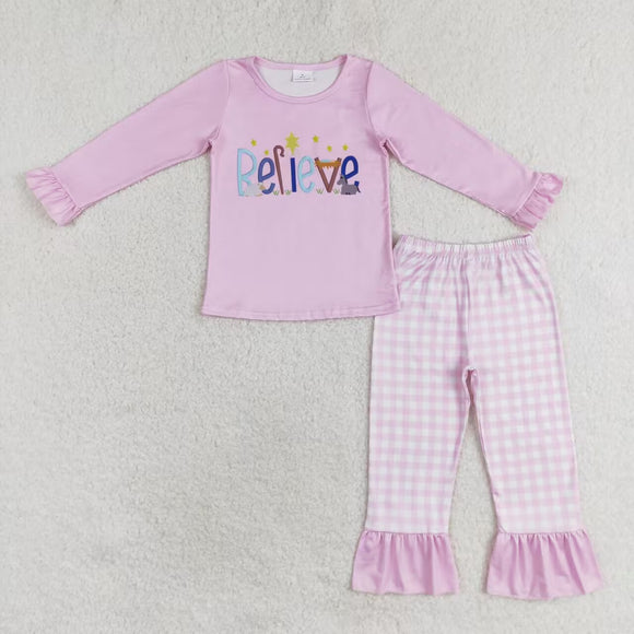 GLP1300 long sleeve believe pink plaid girl clothing