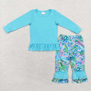 GLP1458 long sleeve blue cotton floral girls outfits